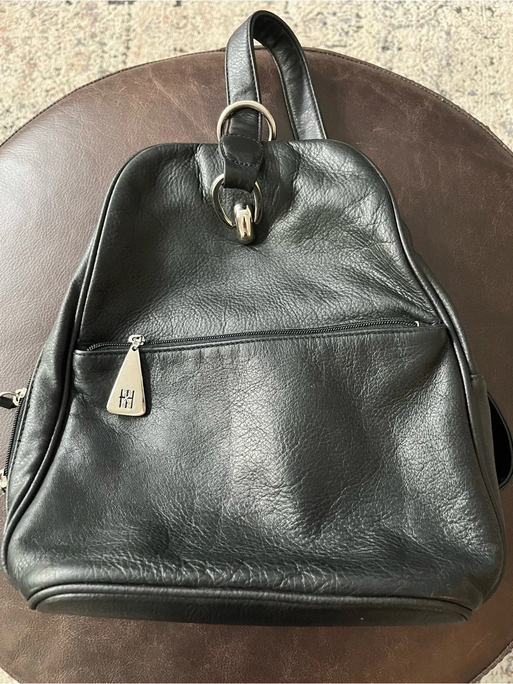 Hillard & Hanson Black Genuine Leather Backpack with Silver Hardware